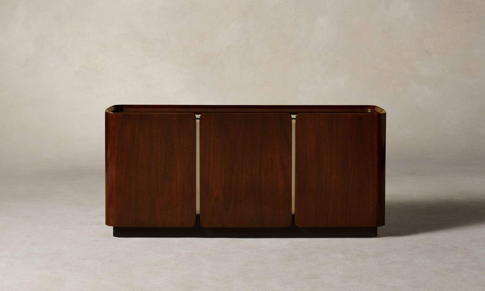 sabine dark oak wood sideboard with three doors and a glass top