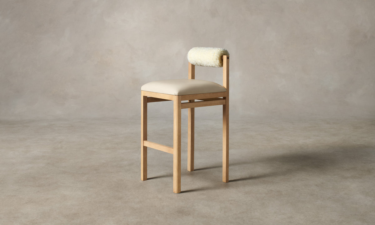 The Thayer Bar and Counter Stool - Costa Leather Sesame Seat with Shearling Ivory Bolster