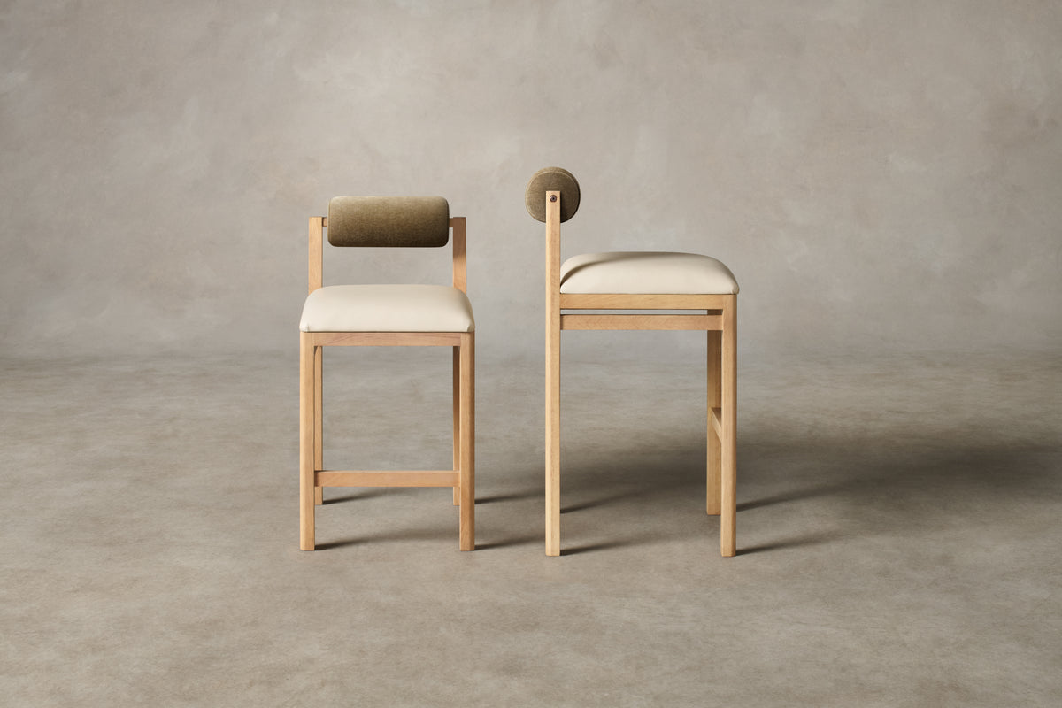 The Thayer Bar & Counter Stool - Costa Leather Sesame Seat with Mohair Mink Bolster