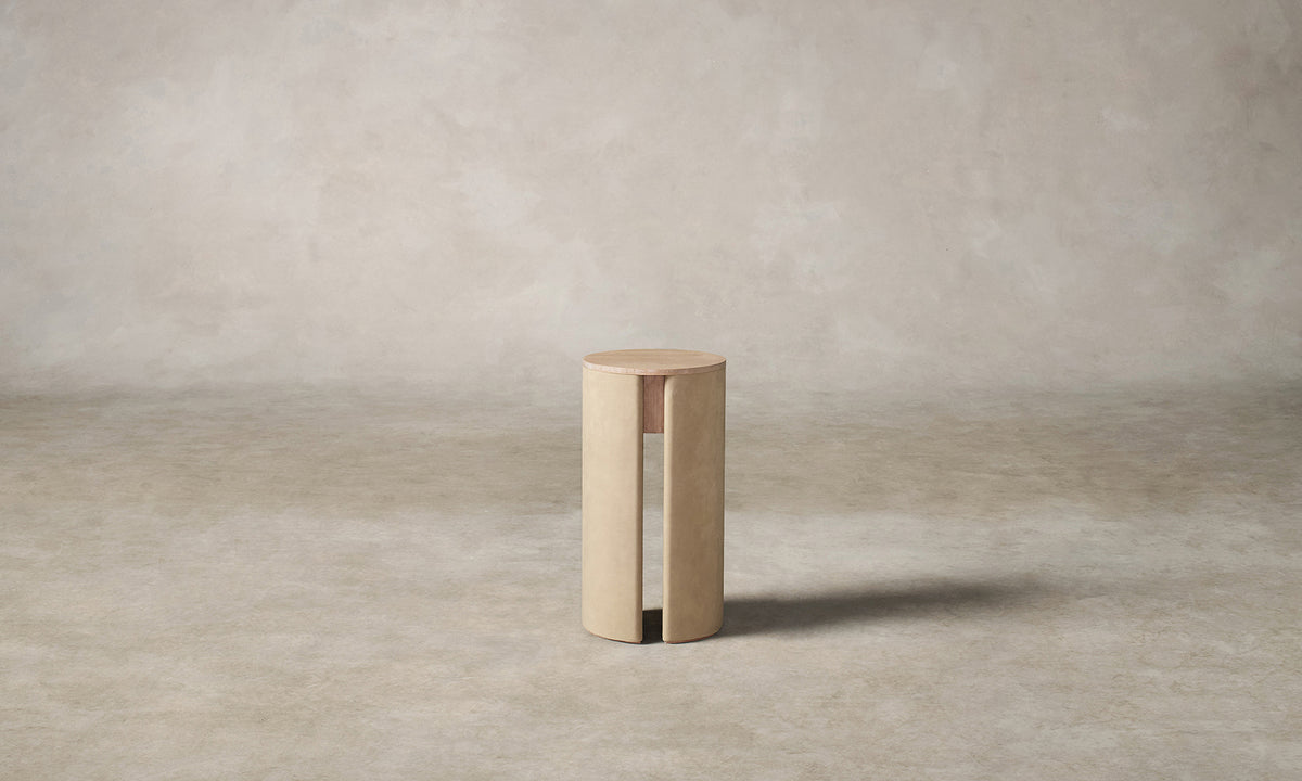 The Vale Drink Table in Venetian Leather Cortado with White Cerused Oak, front view