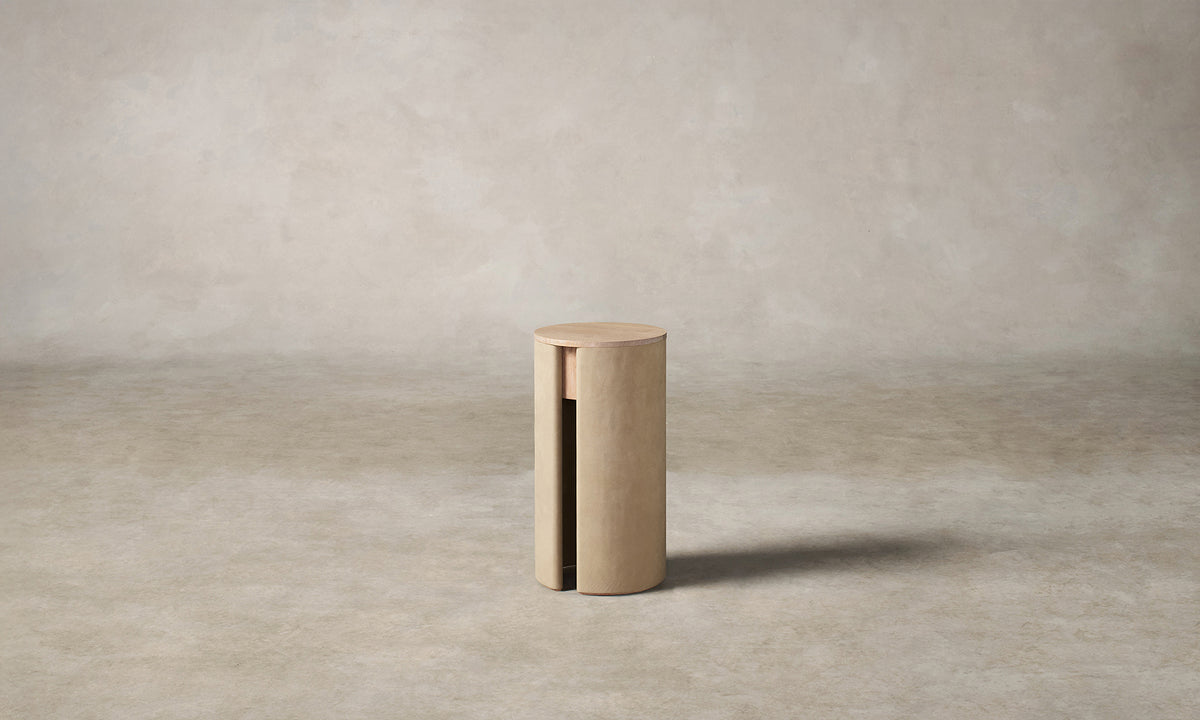 The Vale Drink Table in Venetian Leather Cortado with White Cerused Oak, front three-quarter right view