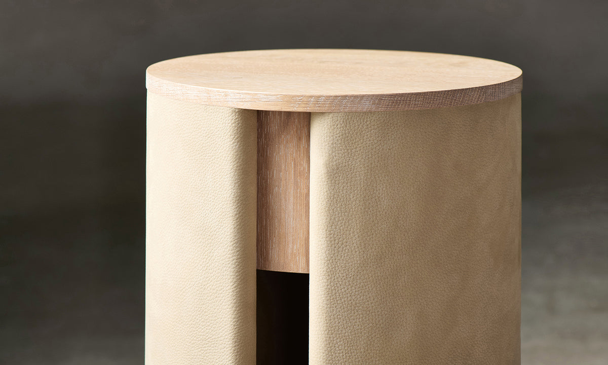 Detail 1 of the Vale Drink Table in Venetian Leather Cortado with White Cerused Oak