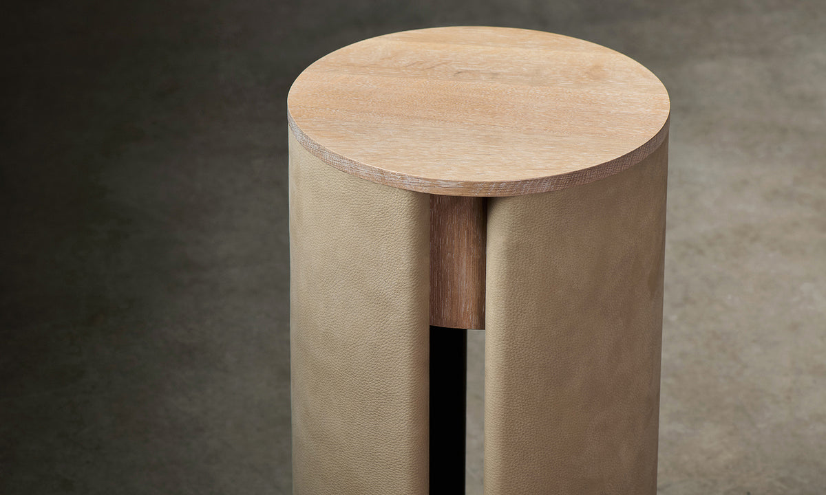Detail 1 of the Vale Drink Table in Venetian Leather Cortado with White Cerused Oak