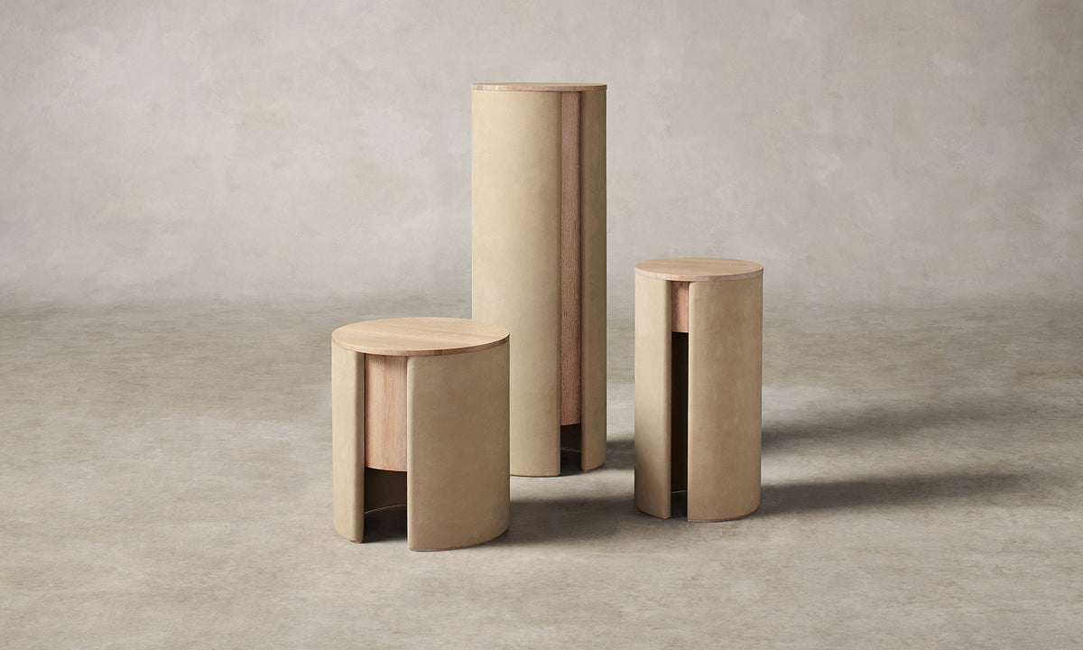 The Vale Side Table in Venetian Leather Cortado with White Cerused Oak, aerial view