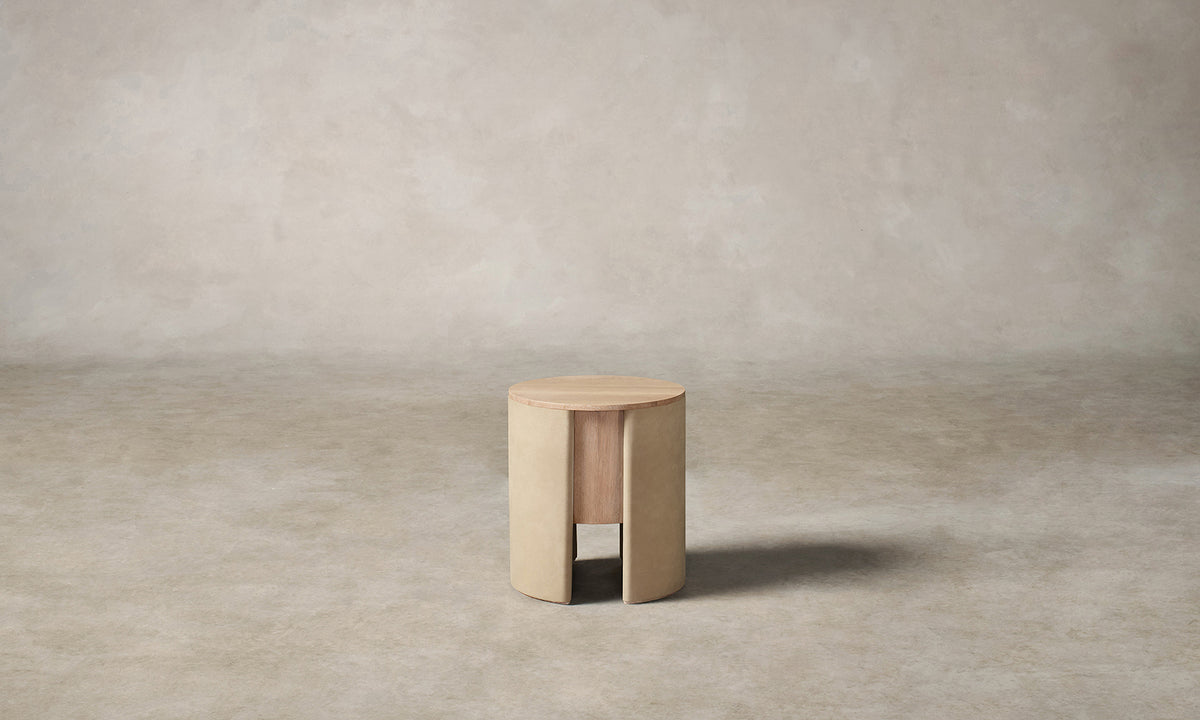 The Vale Side Table in Venetian Leather Cortado with White Cerused Oak, front view