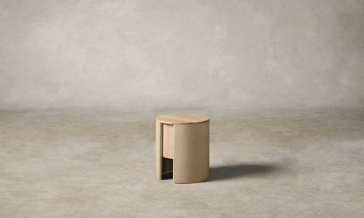 The Vale Side Table in Venetian Leather Cortado with White Cerused Oak, front three-quarter right view