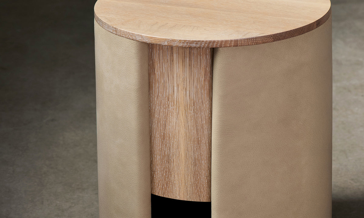 Detail of the Vale Side Table in Venetian Leather Cortado with White Cerused Oak