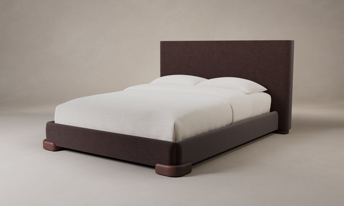 The Maxime Bed in Marled Alpaca Velvet Molasses with Chocolate Oak