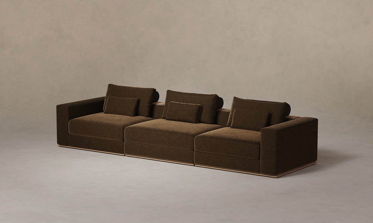 The Nicola Modular Sofa - Mixed Materials Performance Velvet Bark with Nubuck Leather Espresso