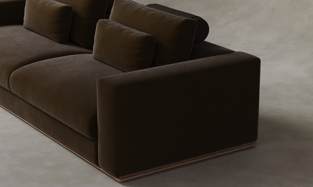 The Nicola Sofa in Mixed Materials - Mixed Materials Performance Velvet Bark with Nubuck Leather Espresso