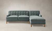 tufted chaise sectional in seafoam blue velvet with wooden legs - ludlow sectional