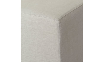 beacon slipcovered dining bench in off-white inen, close up view