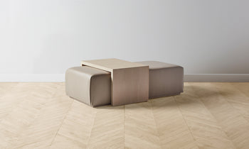 bowery ottoman with wood tray in beige stone leather in ash wood - side view