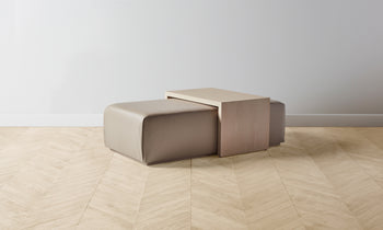 bowery ottoman with wood tray in beige stone leather in ash wood - back view