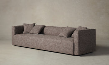 breuer sofa in brown chambray linen with throw pillows - angle view