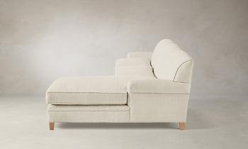 carmine rolled arms sectional sofa with chaise in white linen with wooden legs - side view