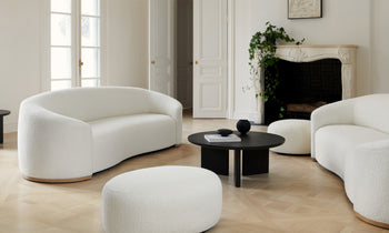 chelsea curved sofa in white boucle in a modern design living room