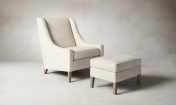 chrystie white nubuck leather accent chair with tall back and wooden legs with ottoman