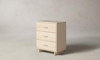 clinton small white dresser with three drawers in white ash wood - side view