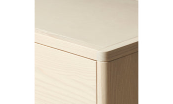 clinton small white dresser in white ash wood with white leather inlay - close up