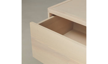 clinton small white dresser in white ash wood with white leather inlay - open drawer close up