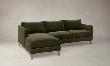 crosby olive green velvet sectional sofa with chaise with wooden legs - angle view