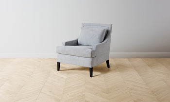 downing accent chair in grey linen with wooden legs and square seat - angle view