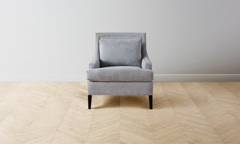 downing accent chair in grey linen with wooden legs and square seat - front view