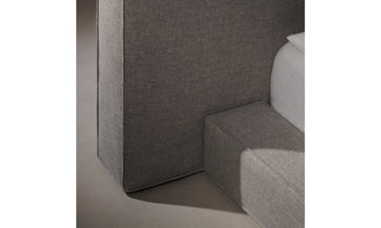 eldridge upholstered bed with cushion bed frame in grey linen - close up view