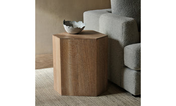 galerie wood pedestal in walnut in a modern living room