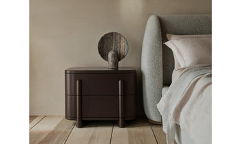 marais two drawer nightstand in espresso brown lacquered maple wood  in a norwegian decor bedroom