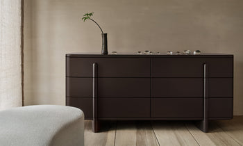 marais chocolate brown bedroom dresser with six drawers in lacquered maple wood