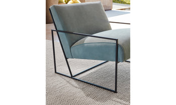 mercer geometric accent chair in blue nubuck leather with steel frame - close up