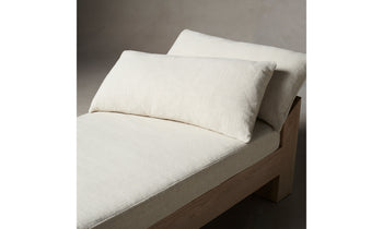 montauk daybed in white linen with throw pillows - close up