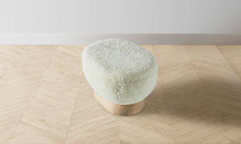 mott stool with wood base and white shearling fabric - top view