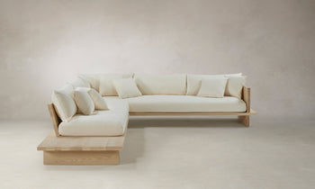 muir white linen l-shaped sectional sofa with built-in shelf - side view