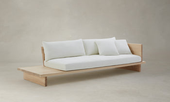 muir sofa with built in table in white chenille fabric and wooden frame