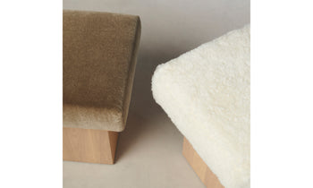 two mulberry ottomans in mink mohair and white shearling fabric and ash wood base