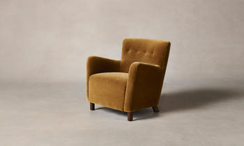 perry accent chair in golden brown mohair fabric and wooden legs - angle view