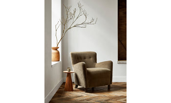 perry accent chair in grey mohair fabric and wooden legs in a modern living room