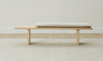 reyes wooden bench with beige nubuck leather cushion - front view