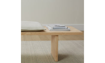 reyes wood bench with beige nubuck leather cushion - close up