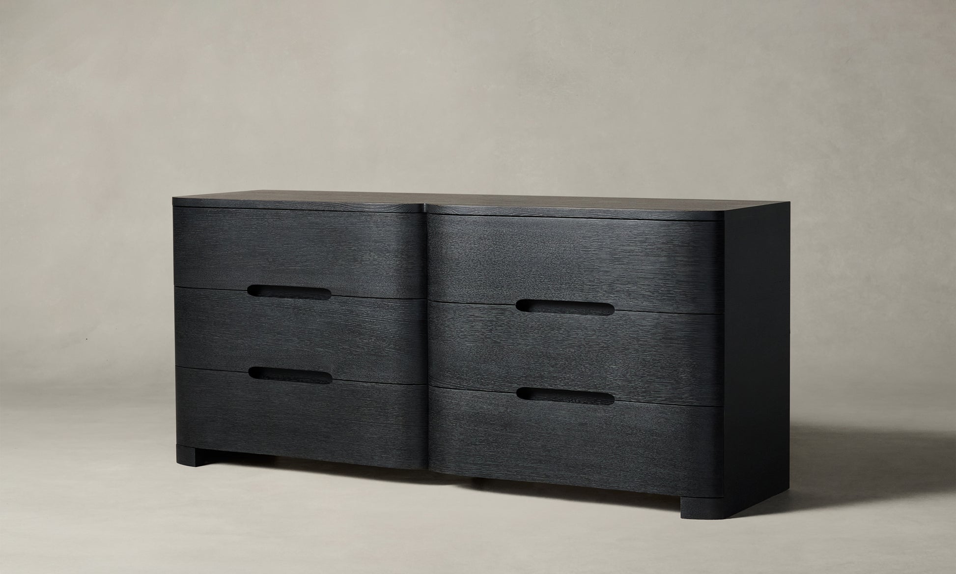 rivington black wooden dresser with rounded corners and 6 drawers in cerused oak