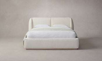 smith bed with upholstered frame and headboard in white boucle - front view