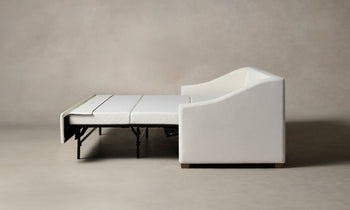 sullivan sleeper sofa in white linen with wooden legs - pulled out side view