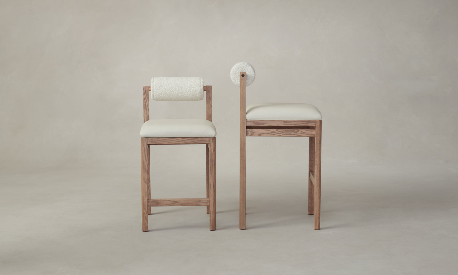 thayer wood barstool and counter stool in oak with white leather seat and boucle bolster back