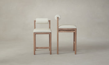 thayer wood barstool and counter stool in oak with white leather seat and boucle bolster back