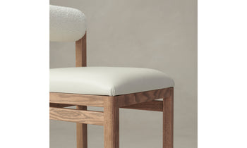 thayer wood barstool in oak with white leather seat and boucle bolster backrest