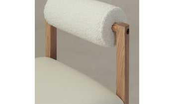 thayer wood barstool in oak with white leather seat and boucle bolster back, close up