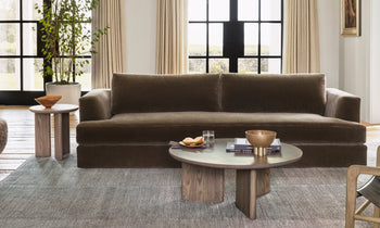 varick sofa in brown velvet in a modern living room